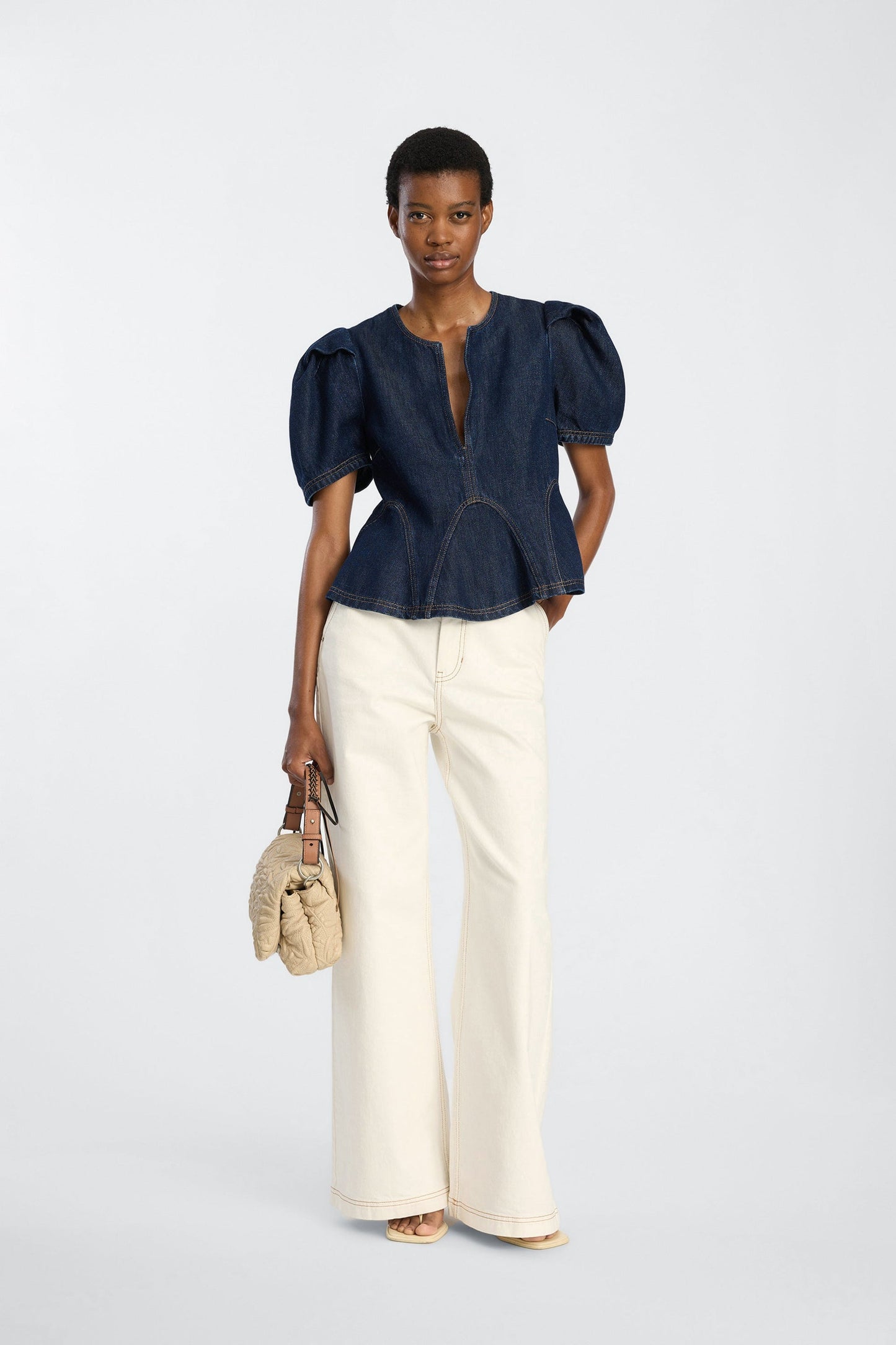 Baynor Denim Style Blouse with Puff Sleeve