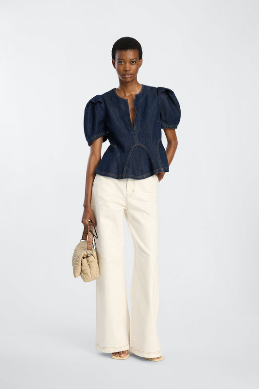 Baynor Denim Style Blouse with Puff Sleeve