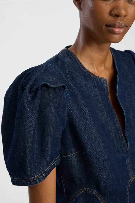 Baynor Denim Style Blouse with Puff Sleeve