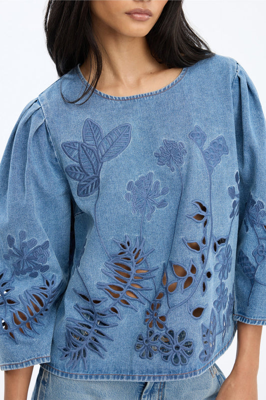 Bramble Broderie Anglaise Denim Blouse Blue