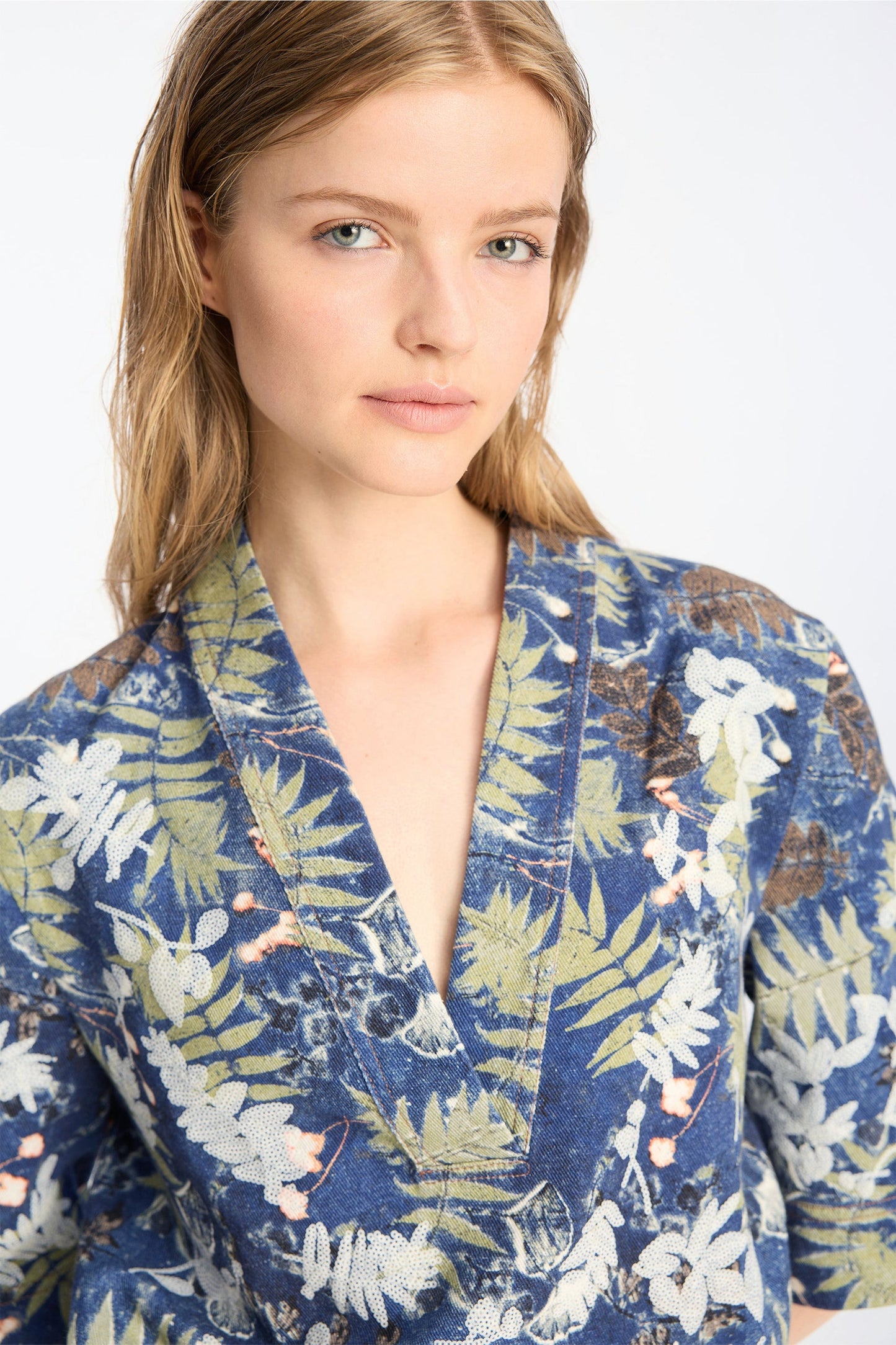 Benoit Printed Denim Top Blue