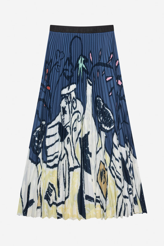 Charming Pleated Midi Skirt Printed Blue