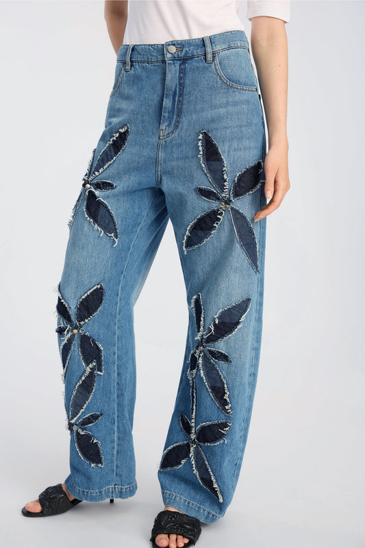 Bimo Jeans with Appliquèd Floral Motif Blue