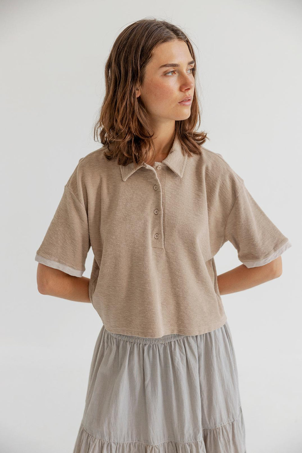 Celine Cotton/Jersey Polo Top Khaki