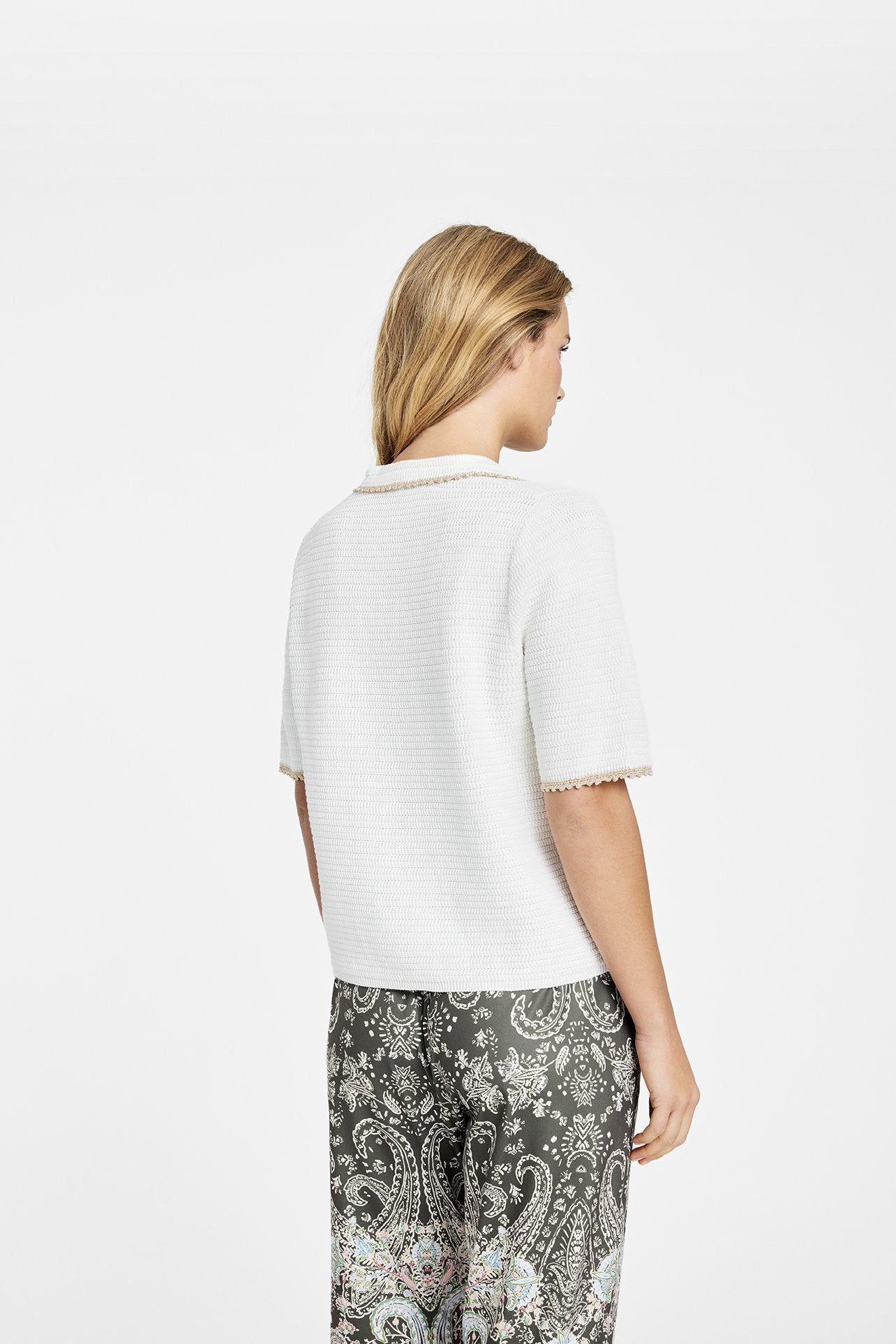 Isobel Knitted Polo Style Blouse White Gold Trim