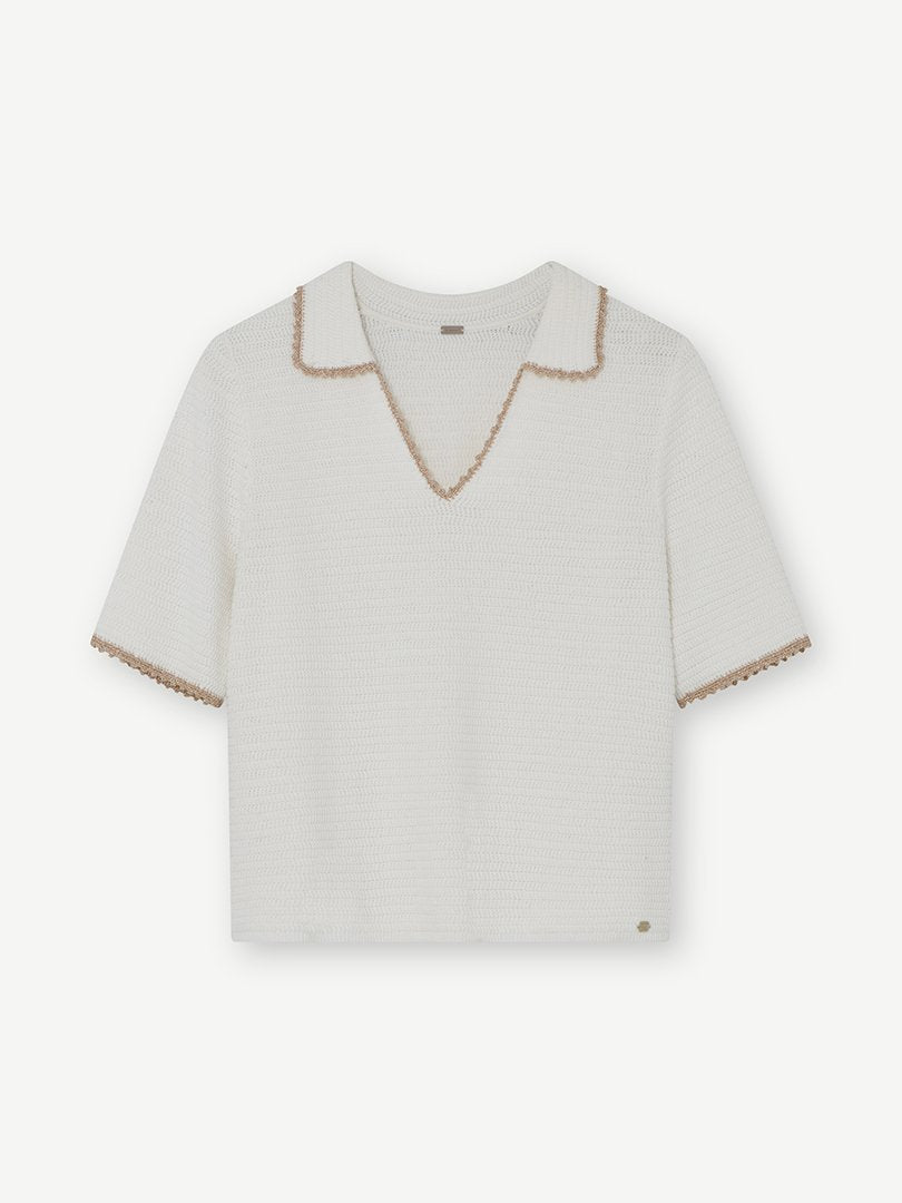 Isobel Knitted Polo Style Blouse White Gold Trim
