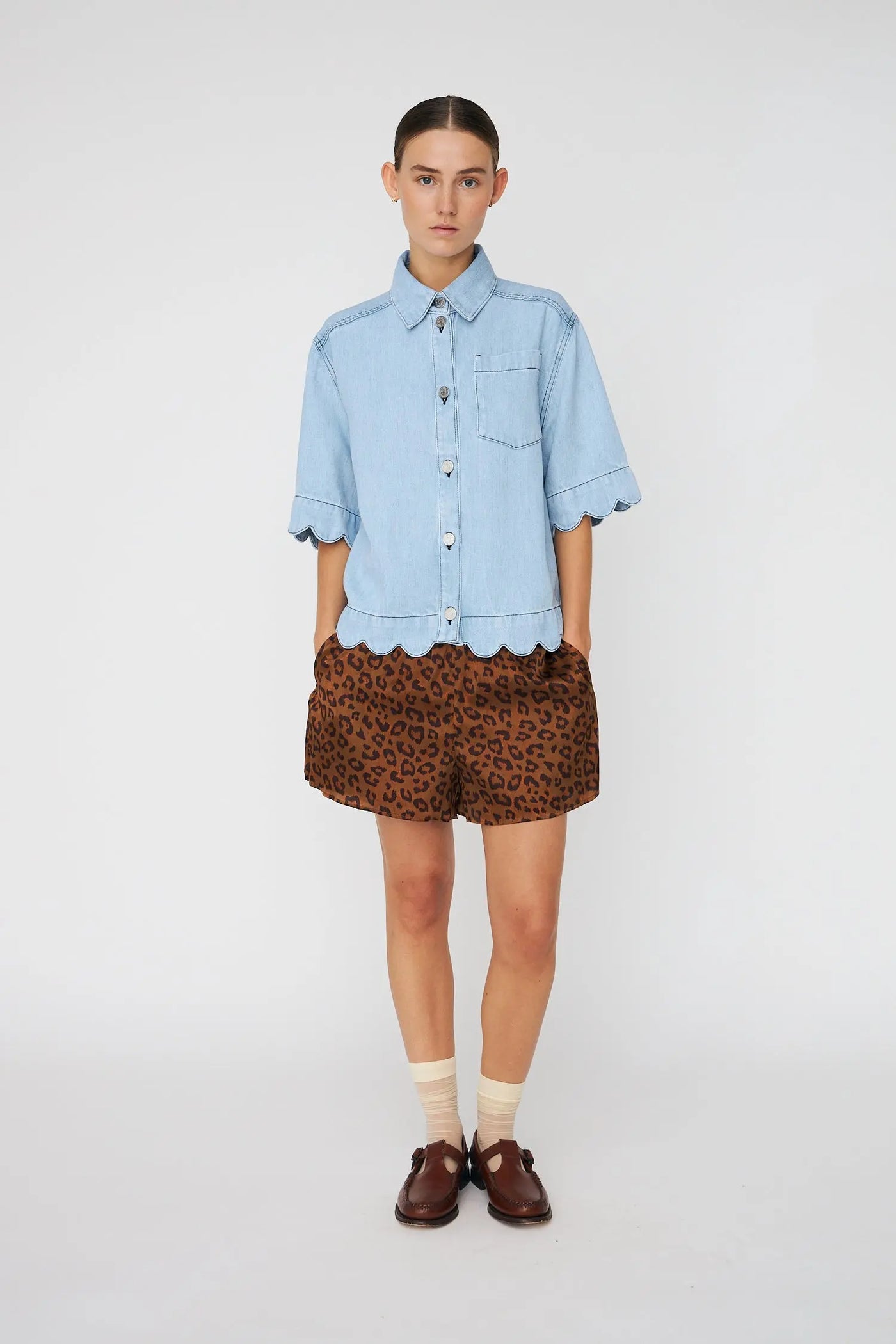 Soft Denim Shirt with Scalloped Detail Light Blue