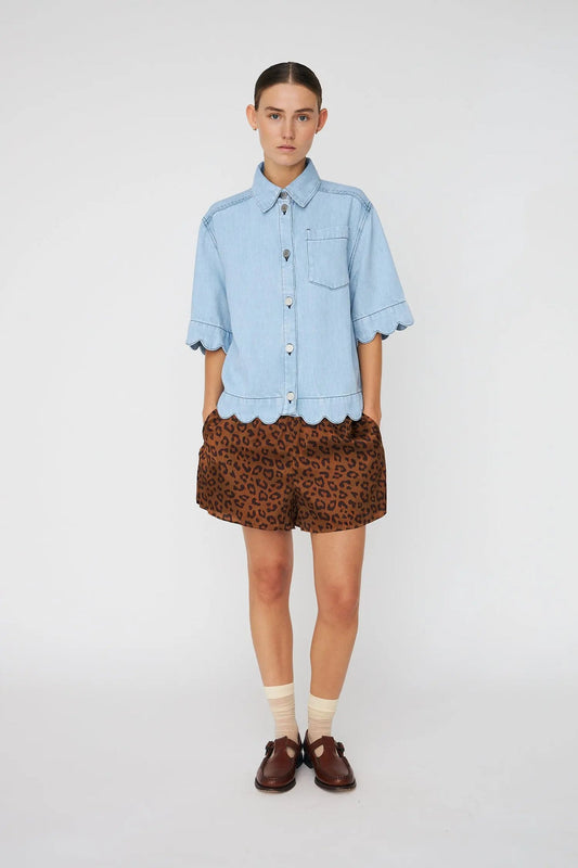 Soft Denim Shirt with Scalloped Detail Light Blue