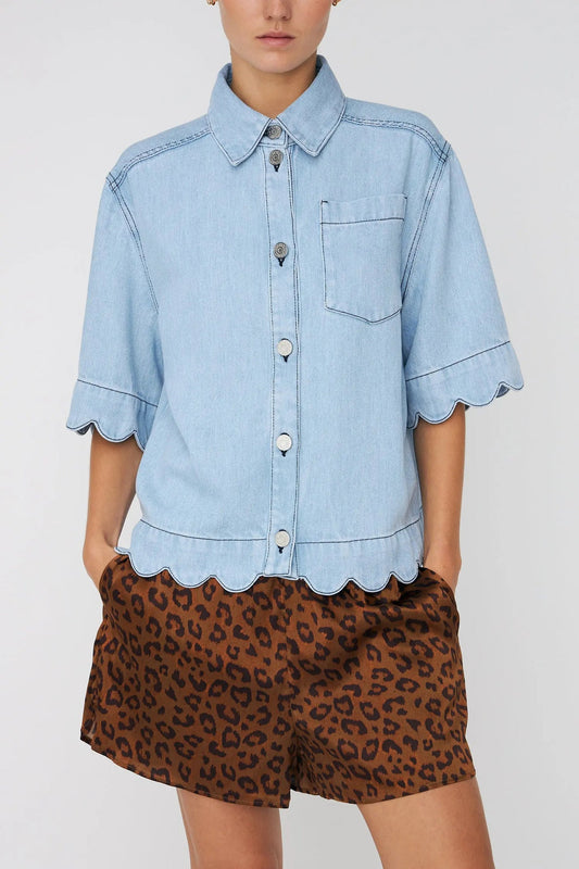 Soft Denim Shirt with Scalloped Detail Light Blue