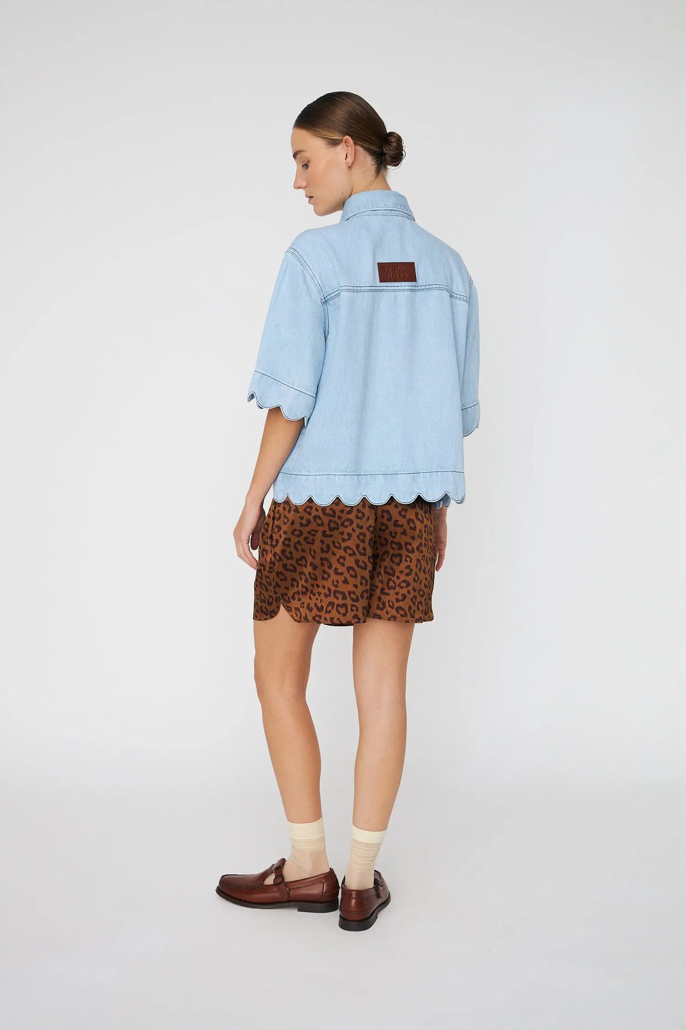 Soft Denim Shirt with Scalloped Detail Light Blue