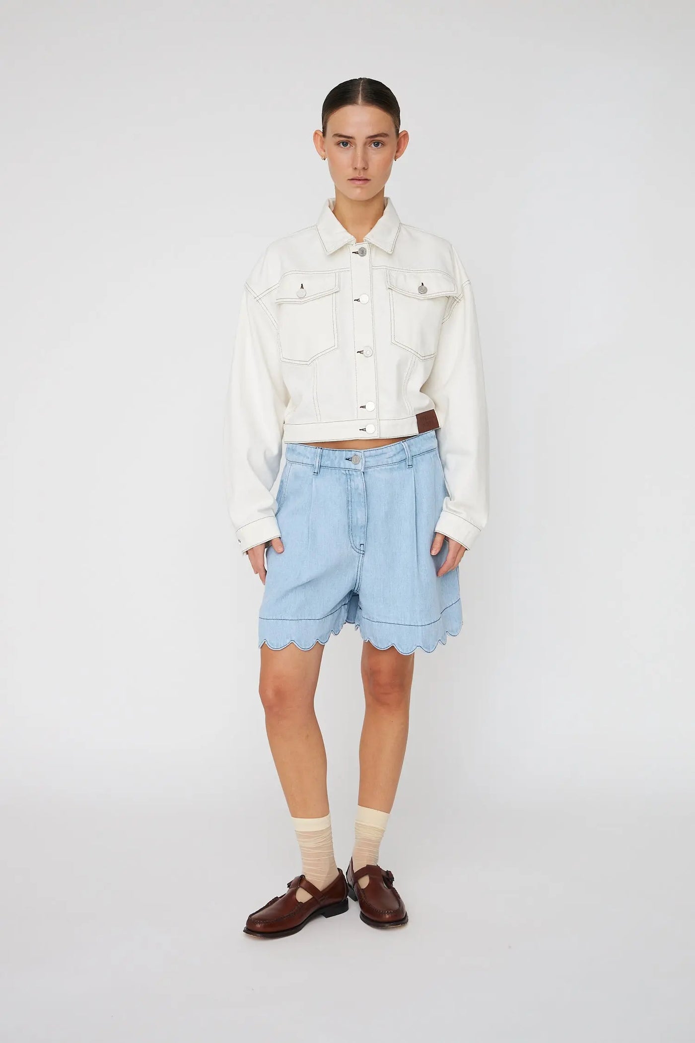 Scalloped Soft Denim Shorts Light Blue