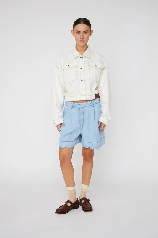 Scalloped Soft Denim Shorts Light Blue