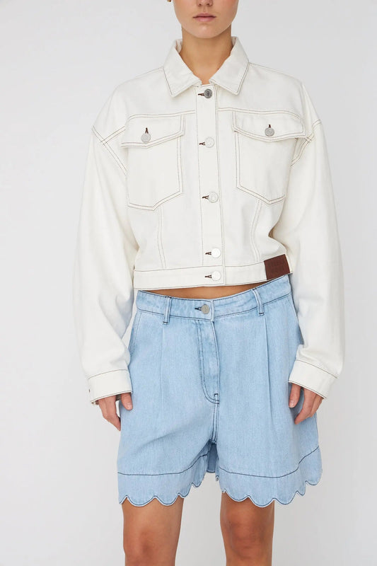 Scalloped Soft Denim Shorts Light Blue