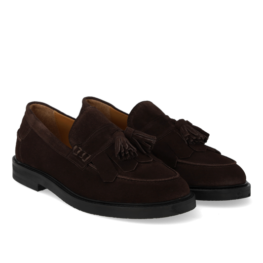 Suede Wide Fit Tasseled Loafer Dark Brown