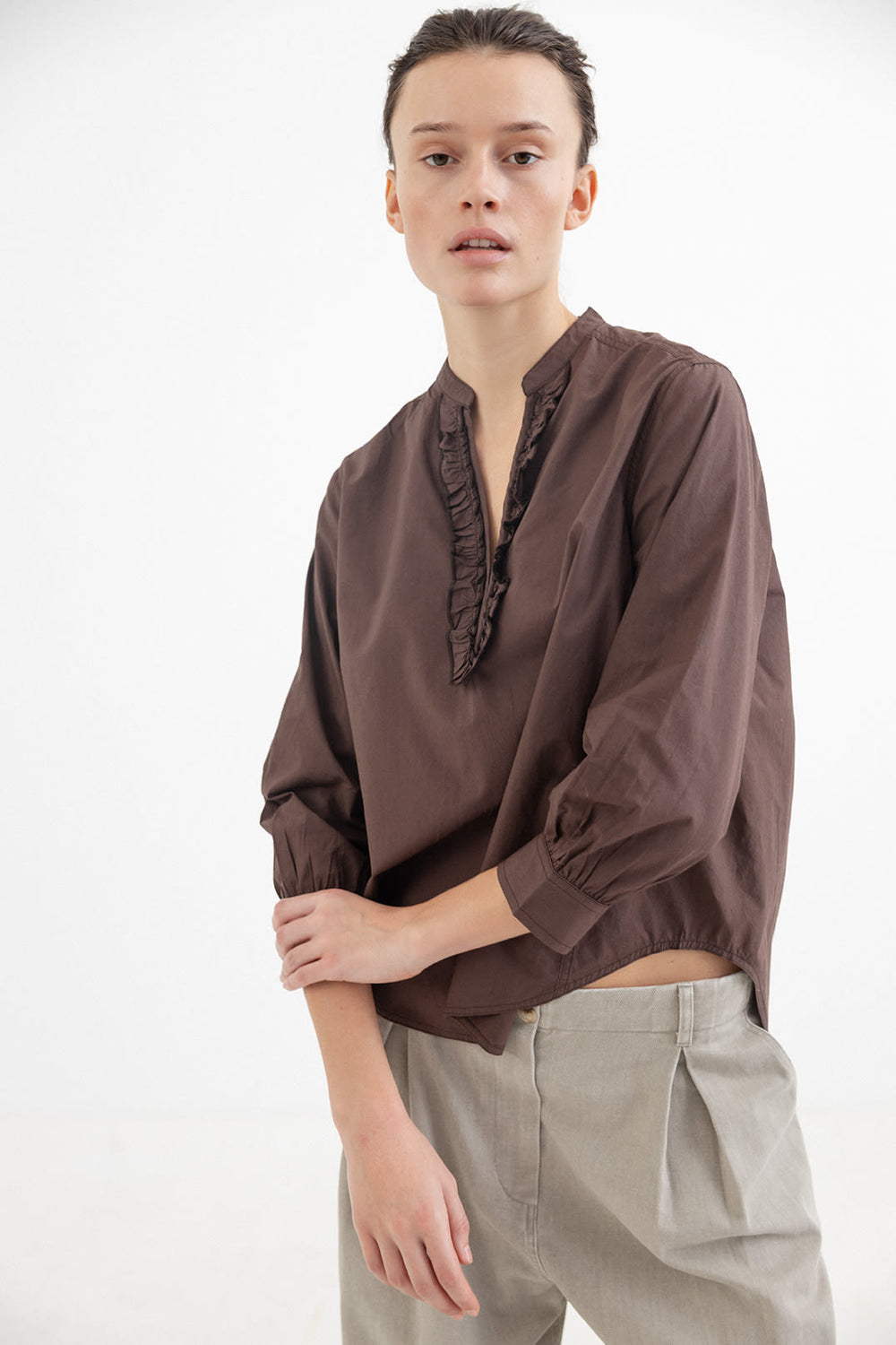 Havanna Cotton Shirt with Frill Coffee