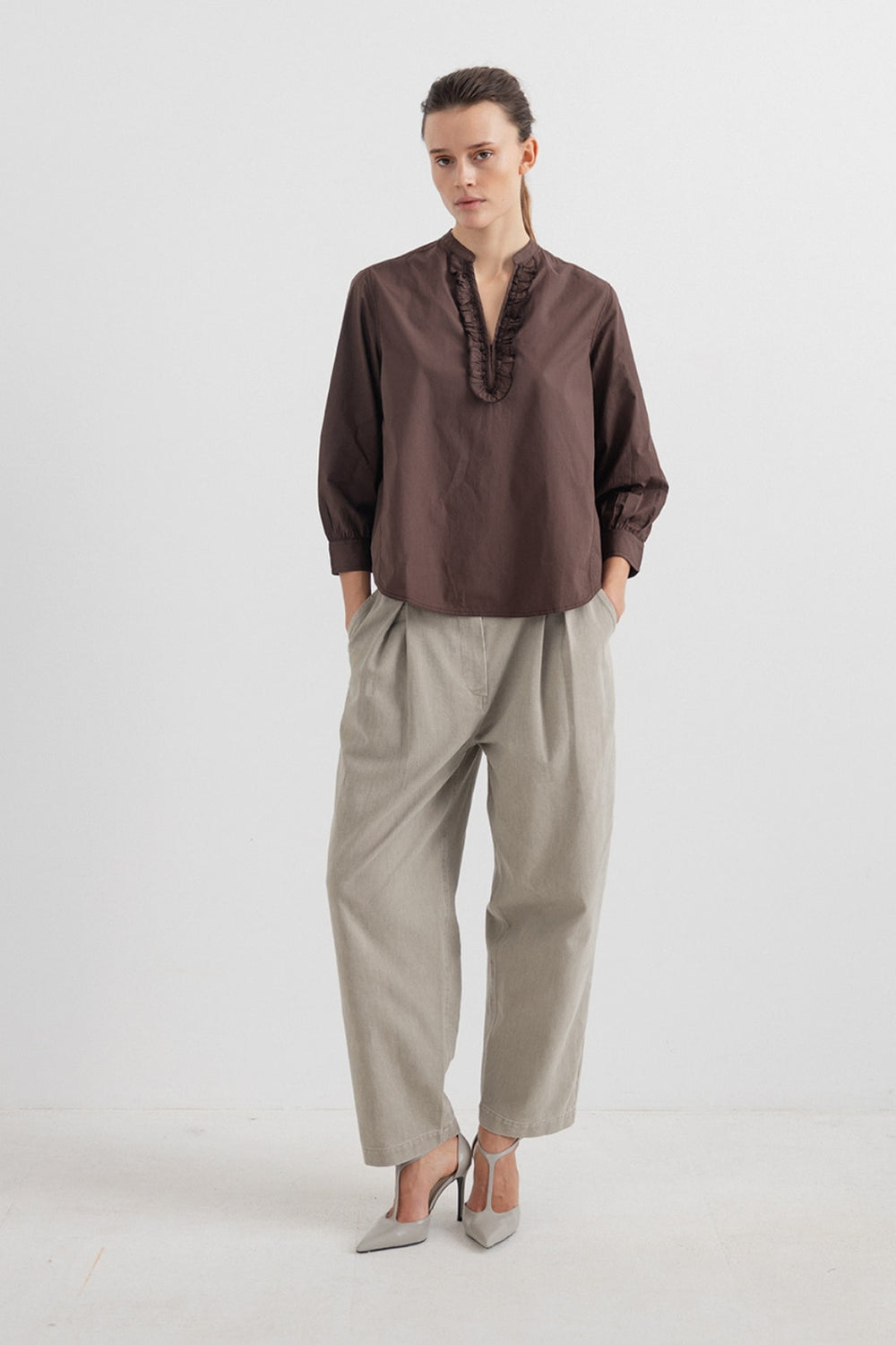 Havanna Cotton Shirt with Frill Coffee
