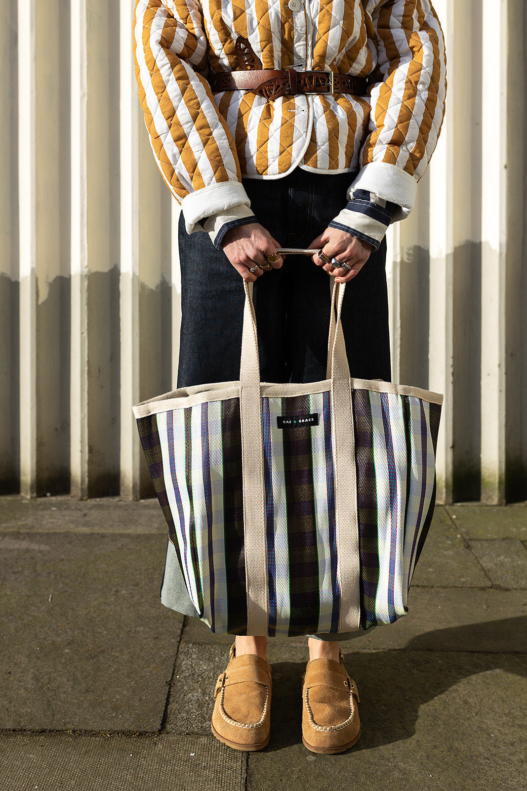 Large Recycled Plastic Black, White and Navy Stripe Shopper