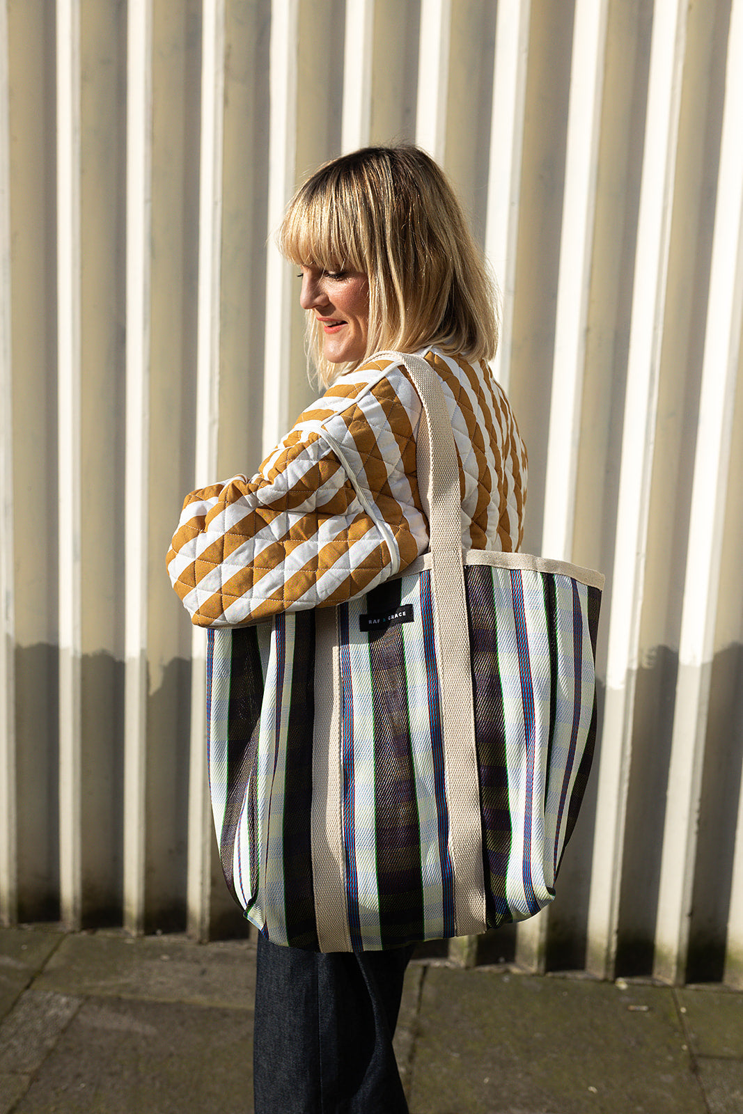 Large Recycled Plastic Black, White and Navy Stripe Shopper