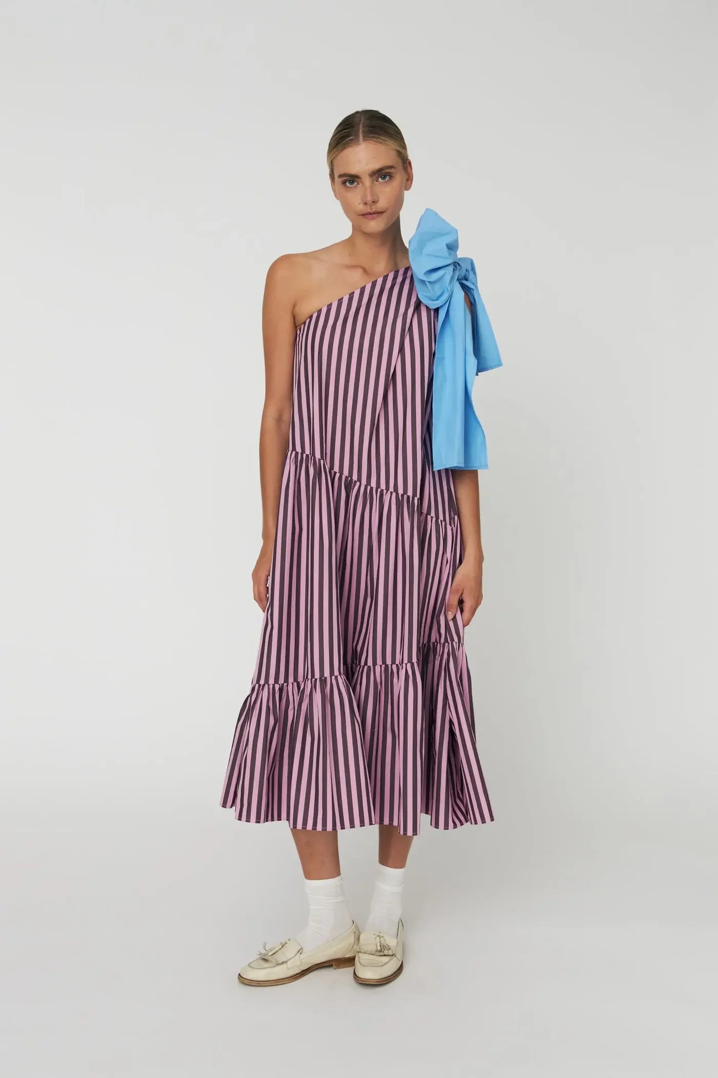 Striped Bow Midi Dress Purple