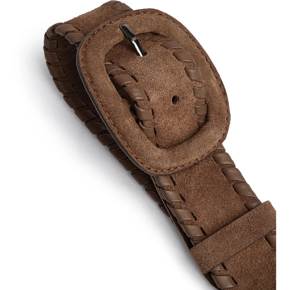 17178 - Suede belt with oval buckle   Dark Camel