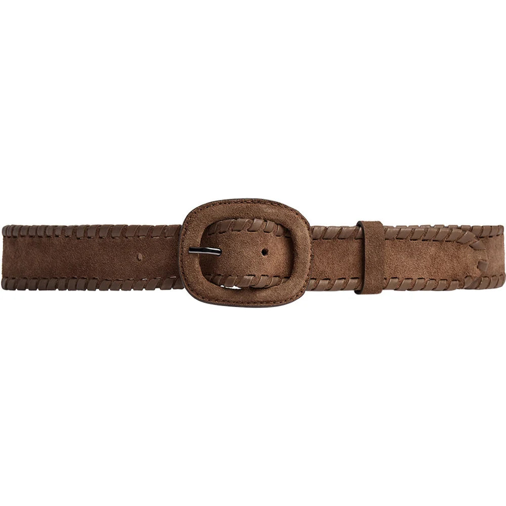 17178 - Suede belt with oval buckle   Dark Camel