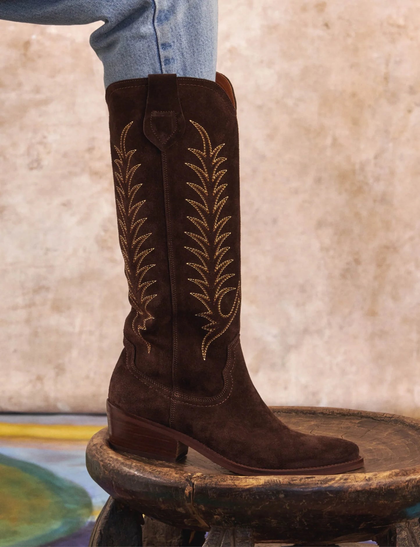 Goldie Suede Embroidered Boots Bitter Chocolate