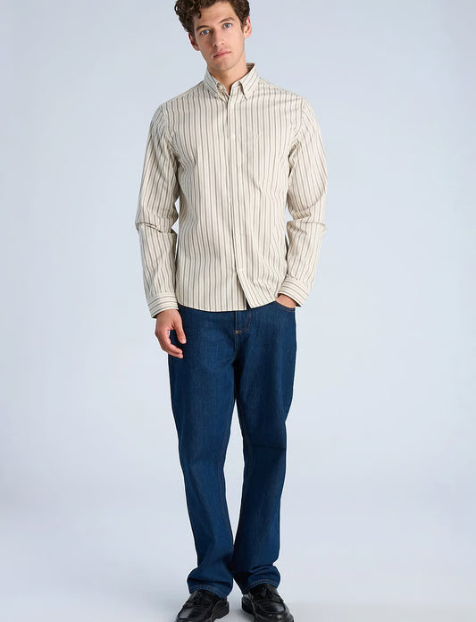 Mens - Striped Cotton Shirt Stone (203942A)
