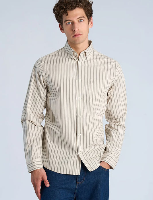 Mens - Striped Cotton Shirt Stone (203942A)